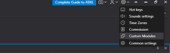ATAS settings menu opened from the gear icon in the top-right corner, with Custom Modules highlighted